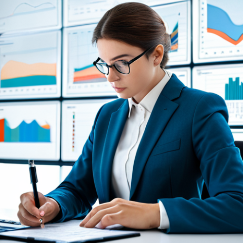 A professional individual in a modest business suit, sitting at a clean desk in a modern, well-lit office. The background features subtle, abstract digital data visualizations, representing the complexity of information and the digital labyrinth. The person holds a pen, thoughtfully looking at a tablet or screen, conveying deep concentration and the act of discerning information, symbolizing clarity amidst the data ocean. The lighting is bright and professional. fully clothed, appropriate attire, professional dress, safe for work, appropriate content, professional, perfect anatomy, correct proportions, natural pose, well-formed hands, proper finger count, natural body proportions.