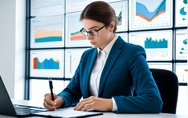 A professional individual in a modest business suit, sitting at a clean desk in a modern, well-lit office. The background features subtle, abstract digital data visualizations, representing the complexity of information and the digital labyrinth. The person holds a pen, thoughtfully looking at a tablet or screen, conveying deep concentration and the act of discerning information, symbolizing clarity amidst the data ocean. The lighting is bright and professional. fully clothed, appropriate attire, professional dress, safe for work, appropriate content, professional, perfect anatomy, correct proportions, natural pose, well-formed hands, proper finger count, natural body proportions.