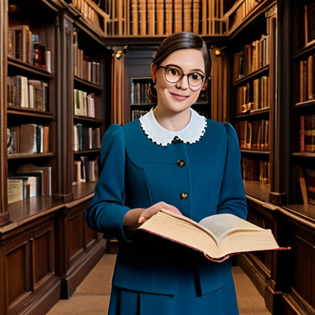 **

A librarian in a modest, professional outfit, standing in front of tall bookshelves in a classic library, holding an open book, safe for work, appropriate content, fully clothed, perfect anatomy, natural proportions, professional, modest, family-friendly, high quality.

**