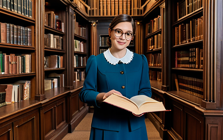 **

A librarian in a modest, professional outfit, standing in front of tall bookshelves in a classic library, holding an open book, safe for work, appropriate content, fully clothed, perfect anatomy, natural proportions, professional, modest, family-friendly, high quality.

**