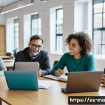 정보 신뢰성 평가와 윤리적 고려사항 - A diverse group of Spanish-speaking adults sitting around a modern table in a bright, cozy library r...