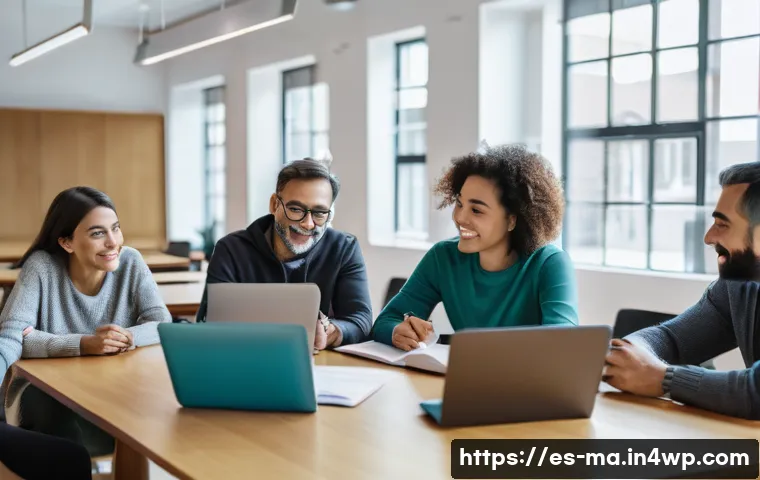 정보 신뢰성 평가와 윤리적 고려사항 - A diverse group of Spanish-speaking adults sitting around a modern table in a bright, cozy library r...