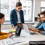 정보 신뢰성 평가의 이론적 배경 - A professional workspace scene showing a diverse group of Spanish-speaking adults critically evaluat...