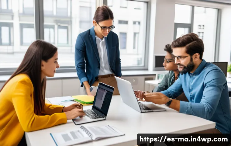 정보 신뢰성 평가의 이론적 배경 - A professional workspace scene showing a diverse group of Spanish-speaking adults critically evaluat...