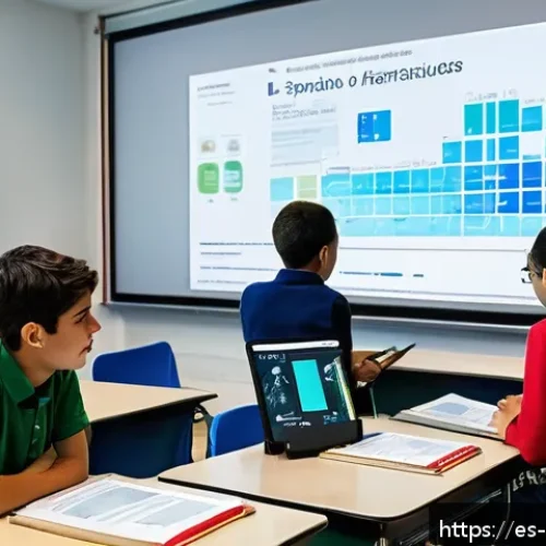 정보 신뢰성 기준 국제 표준 - A modern digital classroom scene in a Spanish-speaking country, showing diverse students aged 12-16 ...
