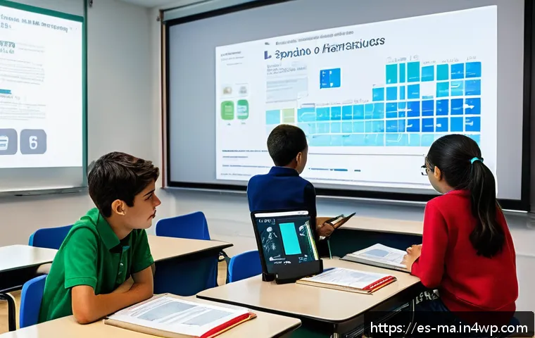 정보 신뢰성 기준 국제 표준 - A modern digital classroom scene in a Spanish-speaking country, showing diverse students aged 12-16 ...