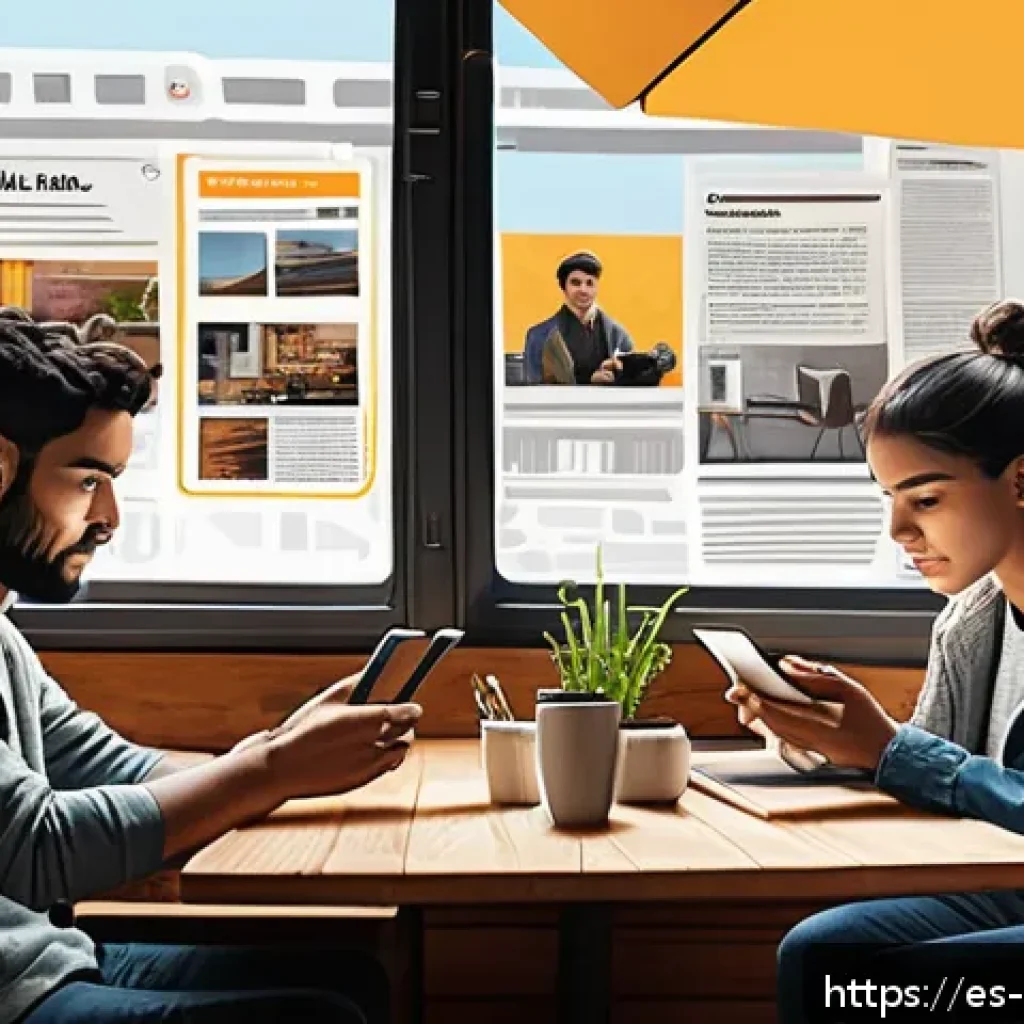 정보의 신뢰성과 사회적 영향 - A detailed digital art scene showing a diverse group of young Spanish-speaking adults interacting wi...