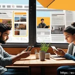 Home 18 정보의 신뢰성과 사회적 영향 - A detailed digital art scene showing a diverse group of young Spanish-speaking adults interacting wi...