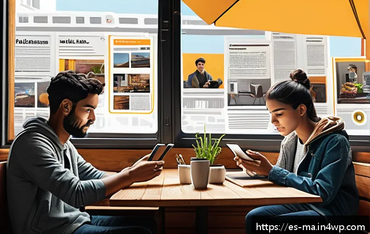 정보의 신뢰성과 사회적 영향 - A detailed digital art scene showing a diverse group of young Spanish-speaking adults interacting wi...