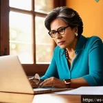 Home 23 정보 신뢰성 평가를 위한 체크리스트 - A modern, cozy home office scene with a middle-aged Hispanic woman thoughtfully reading news article...